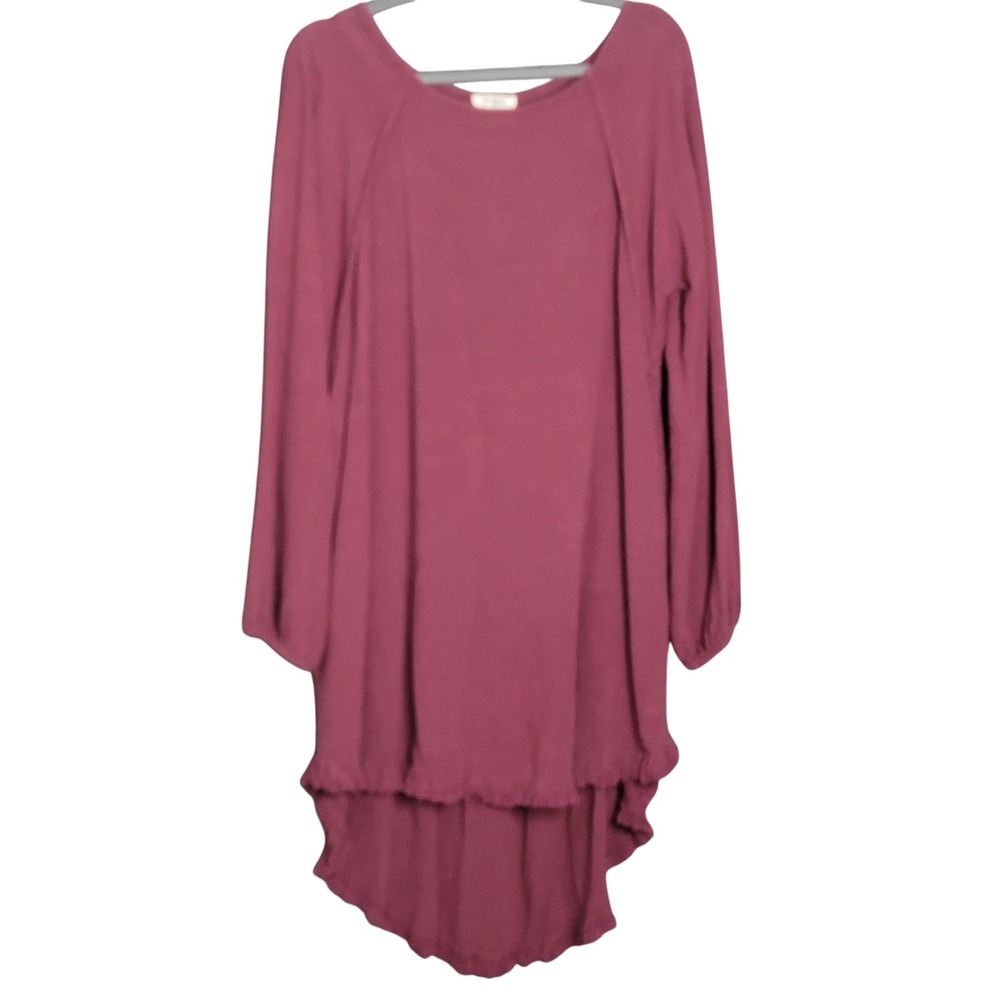 Umgee High Low Dress Large Maroon Linen Blend Fringed Hem Boho Lagenlook Peasant